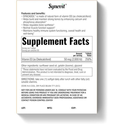 Syncadol - Vitamin D3 50mcg (2000 IU) - 30 Softgels-Vitamin D-AlchePharma