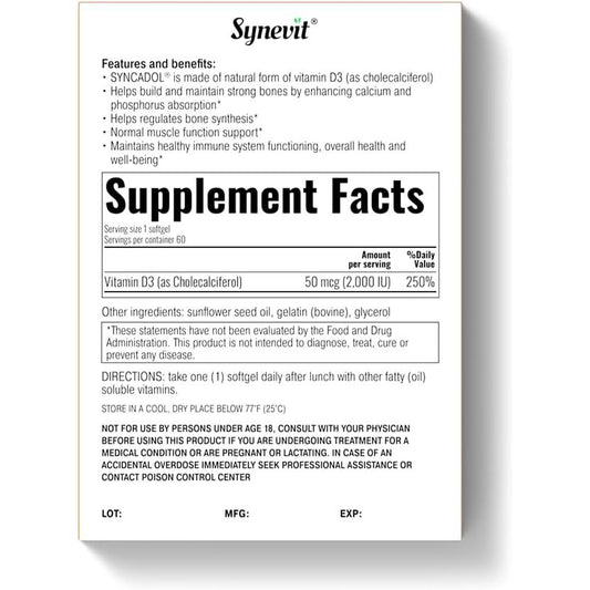 Syncadol - Vitamin D3 50mcg (2000 IU) - 30 Softgels-Vitamin D-AlchePharma