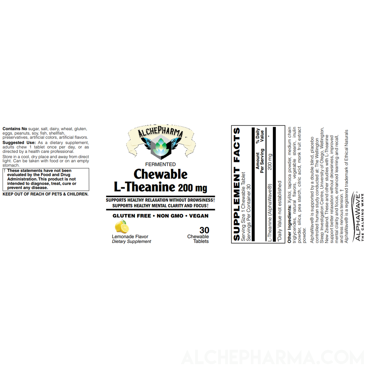 Theanine 200Mg Chewable AlphaWave® Fermented Vegan Lemonade Flavor-Vitamins & Supplements-AlchePharma