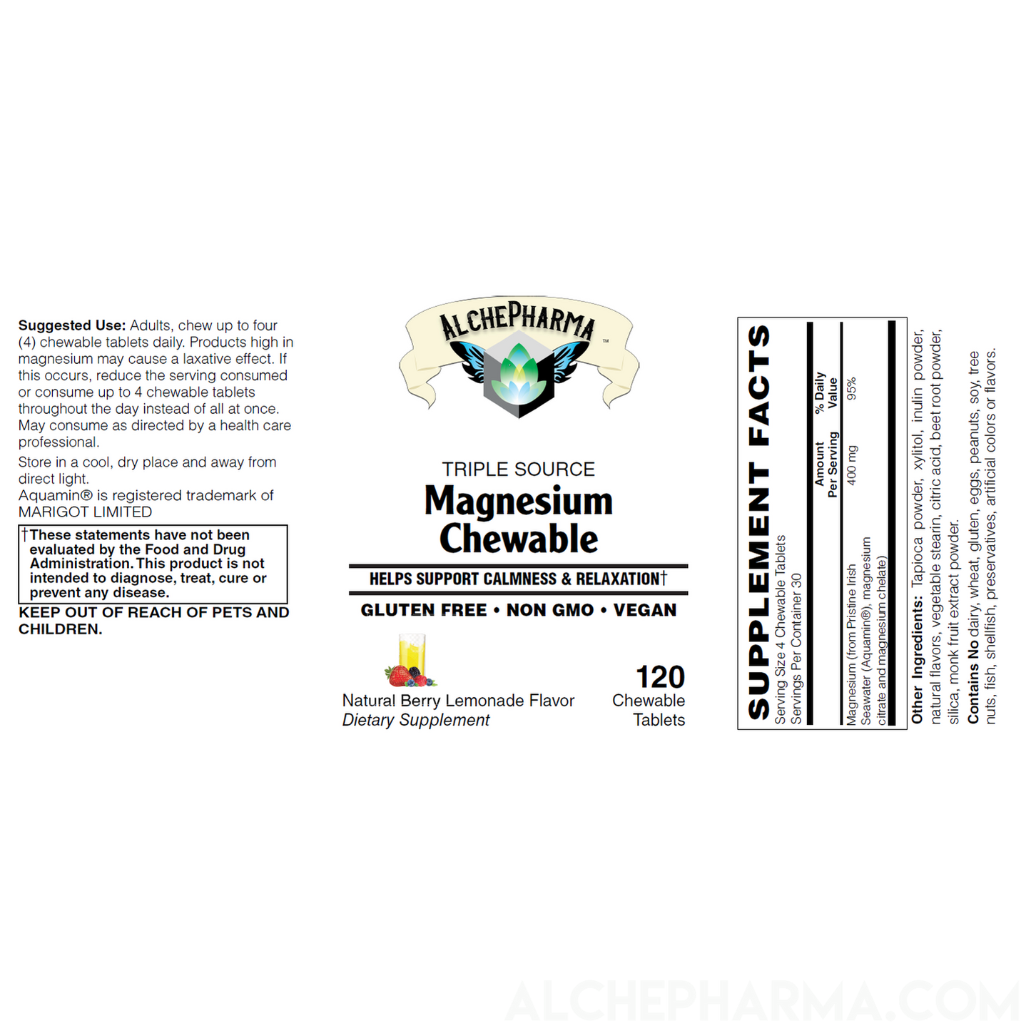 Triple Source Chewable Magnesium Aquamin® Citrate and Chelate Vegan, great tasting Berry Lemonade-Vitamins & Supplements-AlchePharma
