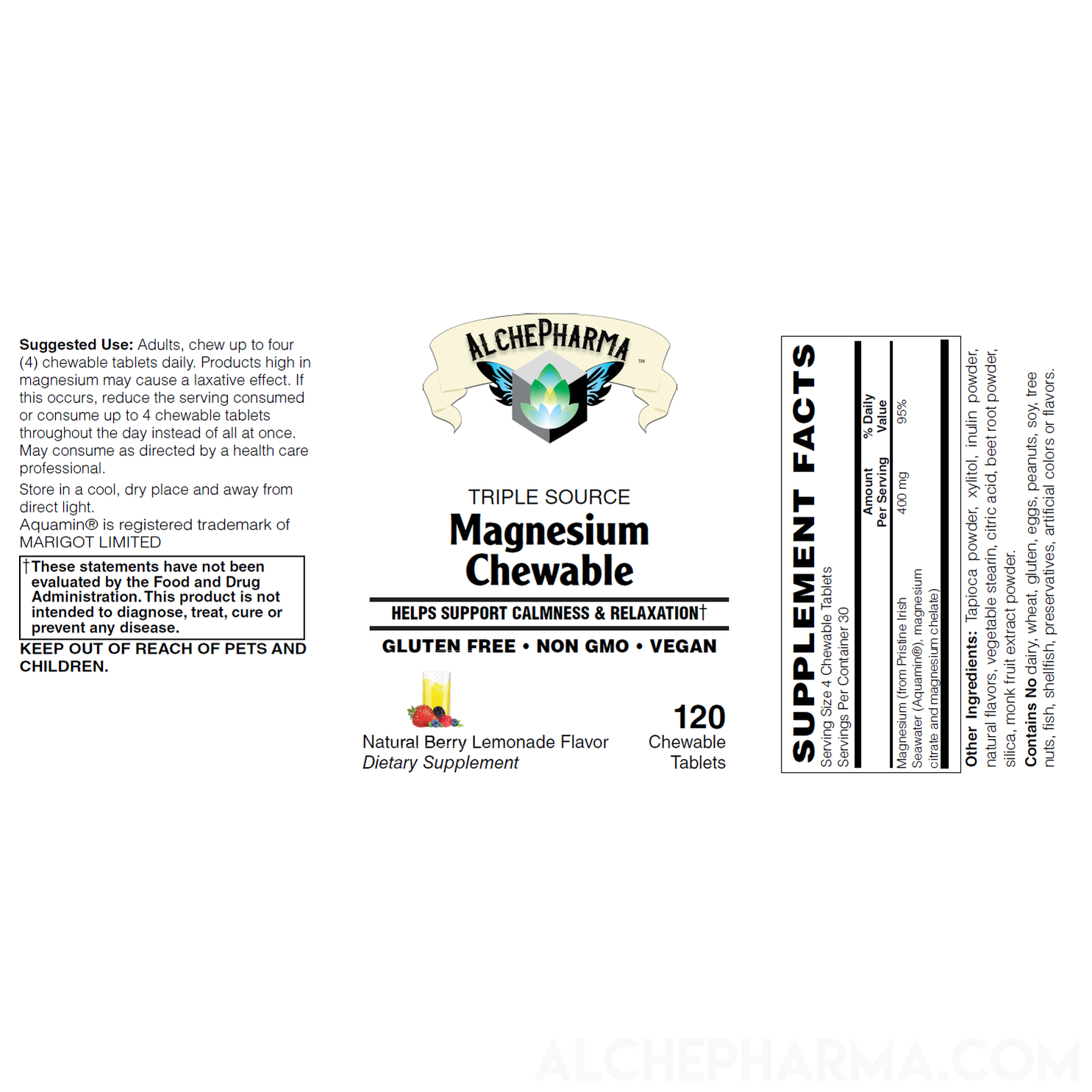 Triple Source Chewable Magnesium Aquamin® Citrate and Chelate Vegan, great tasting Berry Lemonade-Vitamins & Supplements-AlchePharma