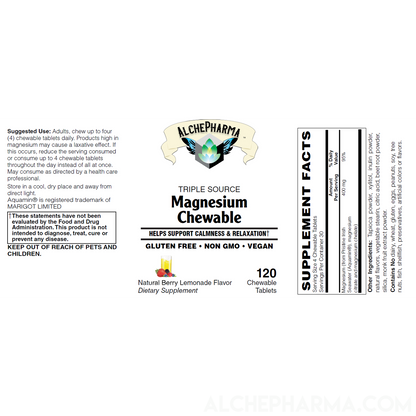 Triple Source Chewable Magnesium Aquamin® Citrate and Chelate Vegan, great tasting Berry Lemonade-Vitamins & Supplements-AlchePharma