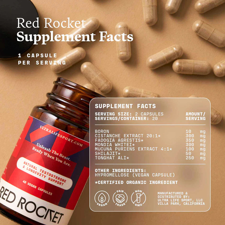 Red Rocket - Testosterone & Longevity Support - 40 Veggie Capsules