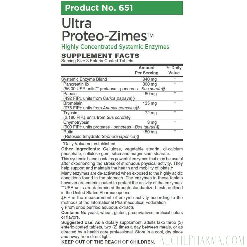 Ultra Proteo-Zimes™ - (USP) Highest commercial concentrations available of: Chymotrypsin, Trypsin, Pancreatin, Papain and Bromelain-enzymes-AlchePharma