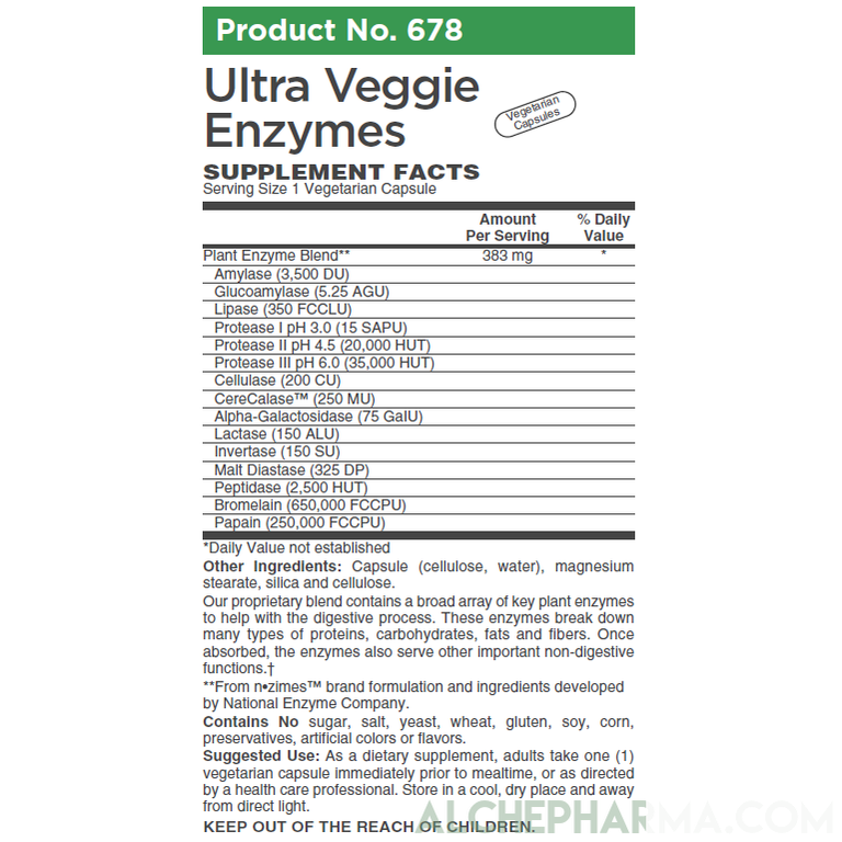 Ultra Veggie Enzymes w/ protease enzymes active at pH levels of 6.0, 4.5 and 3.0 ( patented nzimes™ )-enzymes-AlchePharma