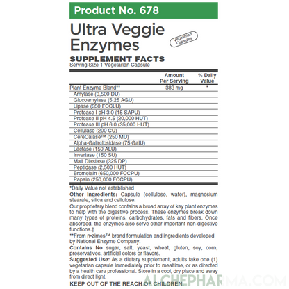 Ultra Veggie Enzymes w/ protease enzymes active at pH levels of 6.0, 4.5 and 3.0 ( patented nzimes™ )-enzymes-AlchePharma