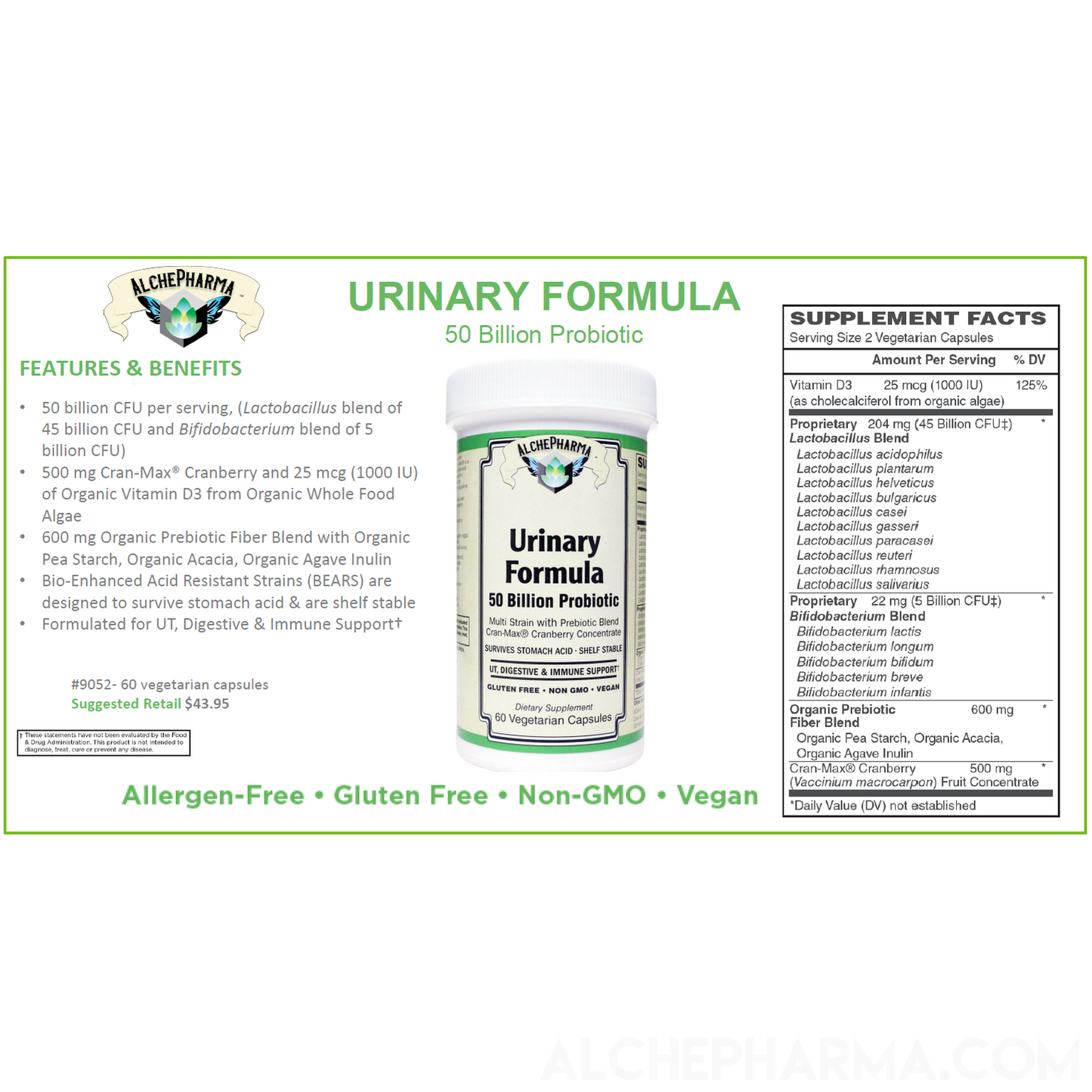 Urinary Formula - 50 Billion Probiotic Multi Strain w/Pre-Biotic and Cran-Max®️-Probiotics-AlchePharma