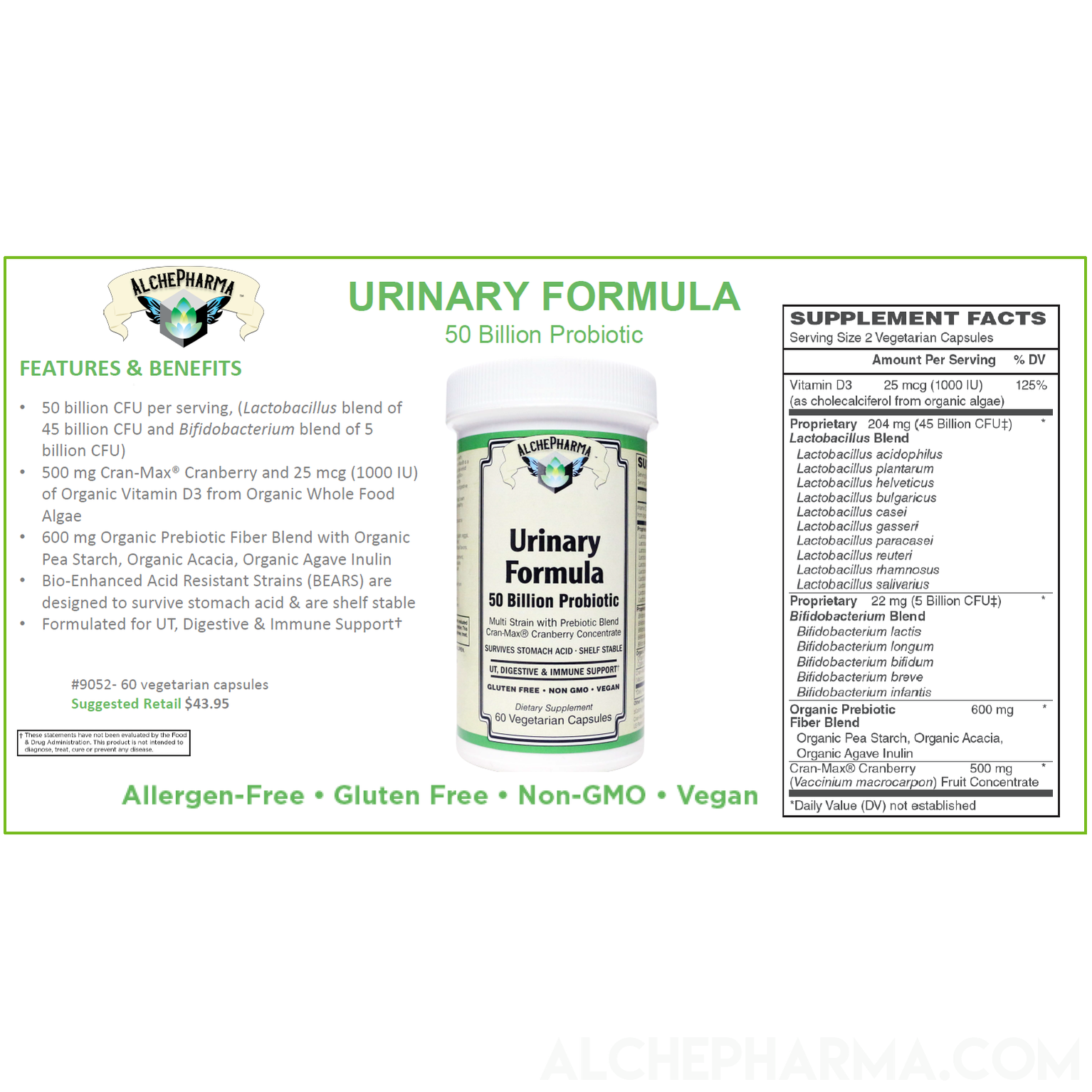 Urinary Formula - 50 Billion Probiotic Multi Strain w/Pre-Biotic and Cran-Max®️-Probiotics-AlchePharma