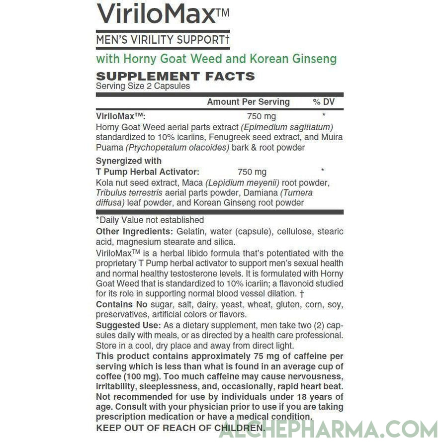 ViriloMax™-Men's Virility Support, with Horny Goat Weed (10% icariins ) and Korean Ginseng-Male Libido-AlchePharma