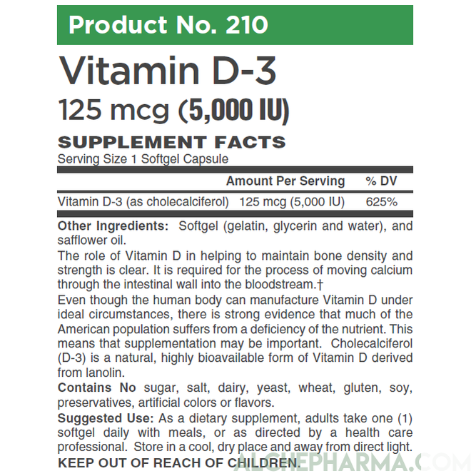 Vitamin D-3 125 mcg (5,000 IU) from Lanolin in a base of Safflower oil-Vitamin-AlchePharma