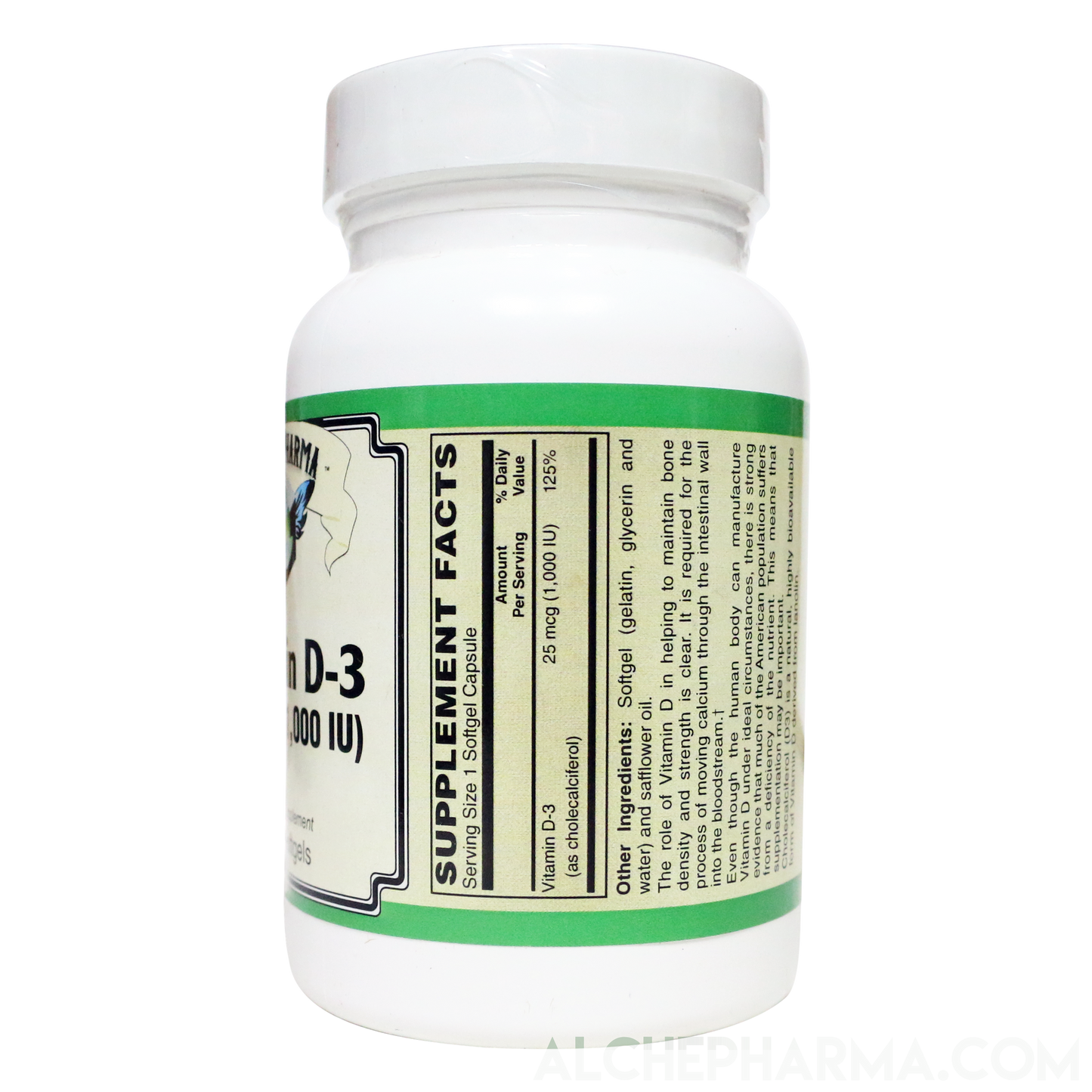 Vitamin D-3 25 mcg (1,000 IU) from Lanolin in a base of Safflower oil-Vitamins & Supplements-AlchePharma