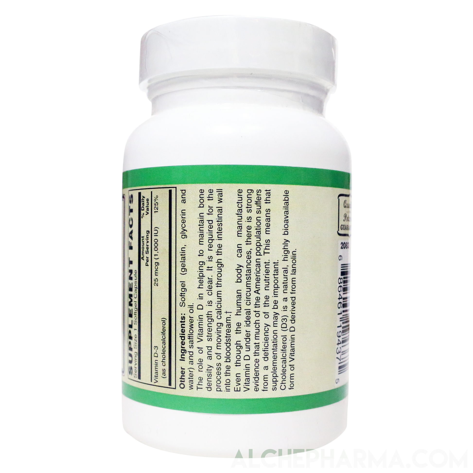 Vitamin D-3 25 mcg (1,000 IU) from Lanolin in a base of Safflower oil-Vitamins & Supplements-AlchePharma