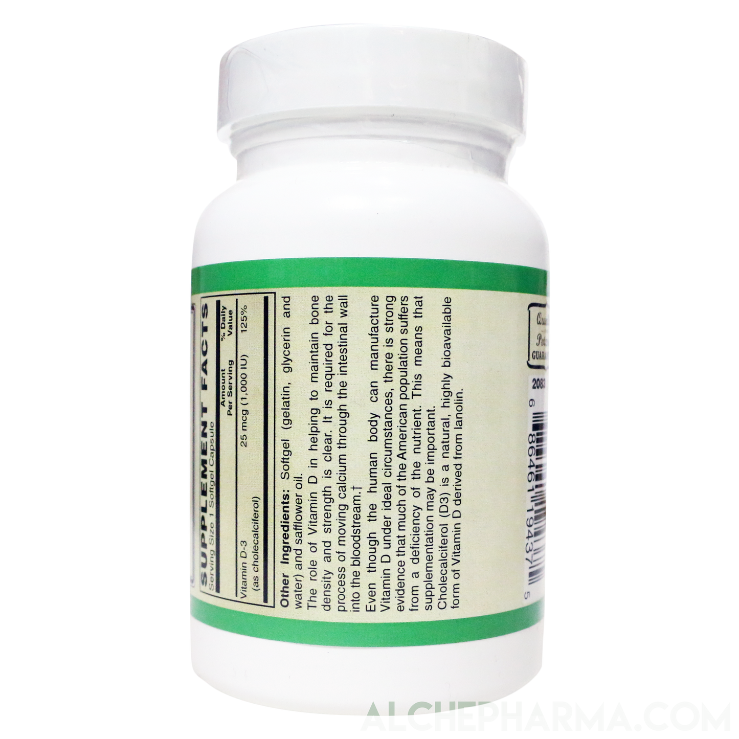 Vitamin D-3 25 mcg (1,000 IU) from Lanolin in a base of Safflower oil-Vitamins & Supplements-AlchePharma