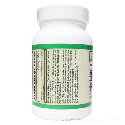 Vitamin D-3 25 mcg (1,000 IU) from Lanolin in a base of Safflower oil-Vitamins & Supplements-AlchePharma