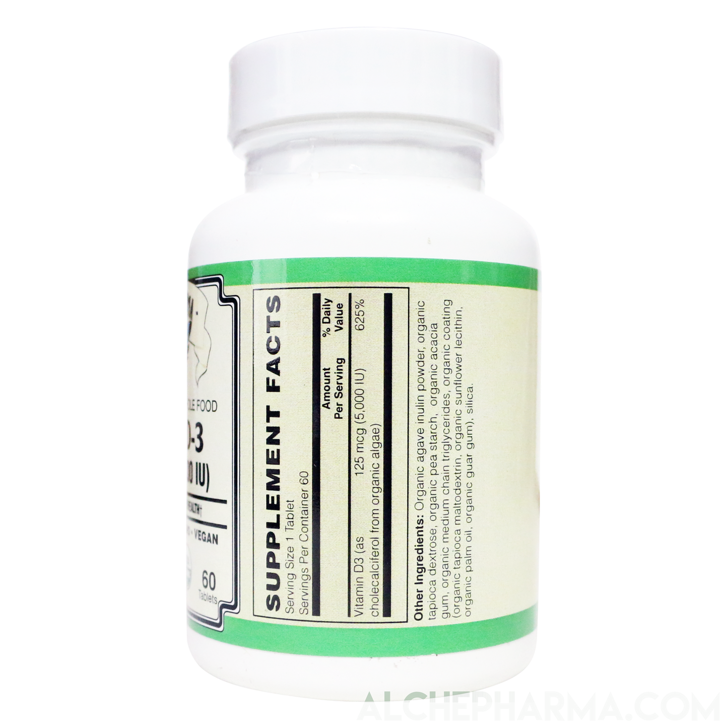 Vitamin D3 ( 5,000 IU - 125 mcg ) Whole Food Certified Organic, Chemically-identical to cholecalciferol of animal-origin - Vegan, Kosher, Halal-Vitamins & Supplements-AlchePharma