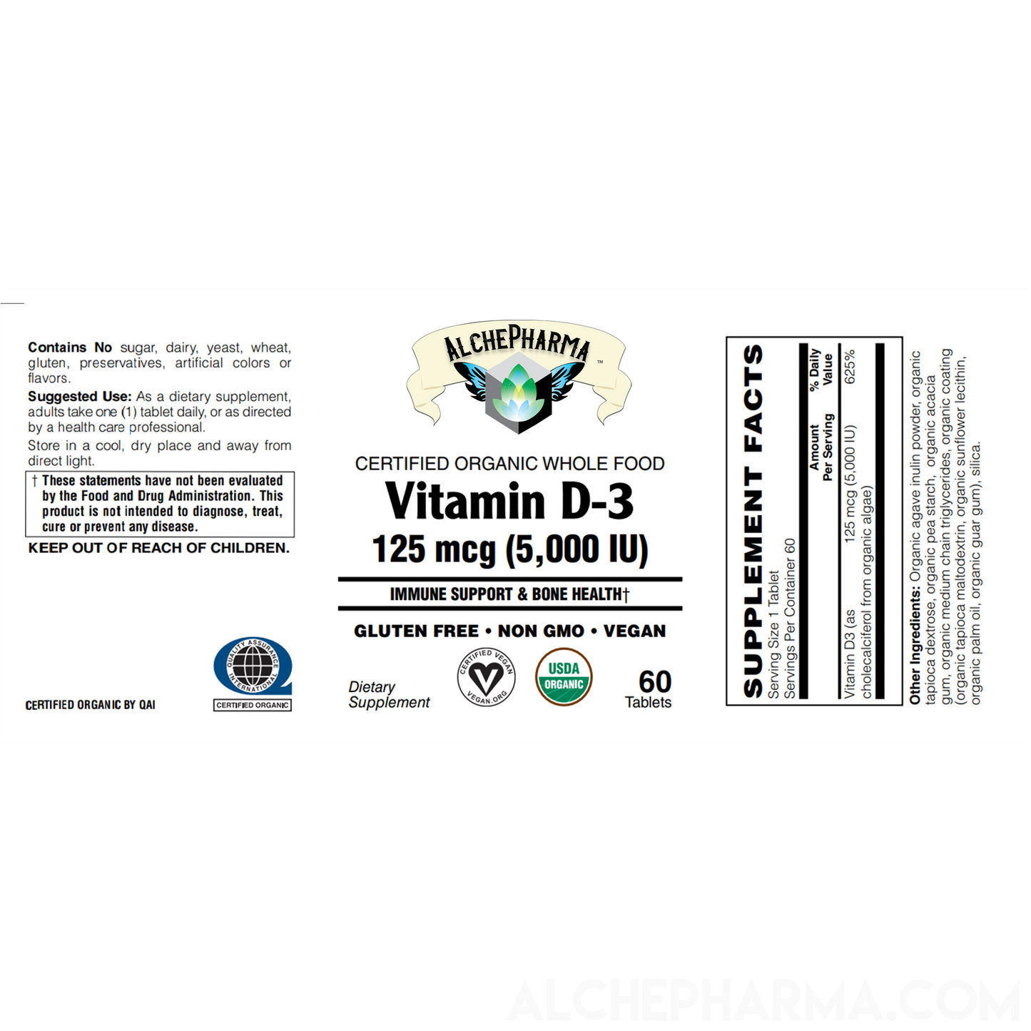 Vitamin D3 ( 5,000 IU - 125 mcg ) Whole Food Certified Organic, Chemically-identical to cholecalciferol of animal-origin - Vegan, Kosher, Halal-Vitamins & Supplements-AlchePharma