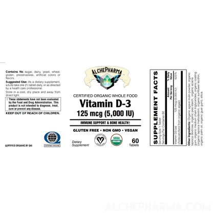 Vitamin D3 ( 5,000 IU - 125 mcg ) Whole Food Certified Organic, Chemically-identical to cholecalciferol of animal-origin - Vegan, Kosher, Halal-Vitamins & Supplements-AlchePharma