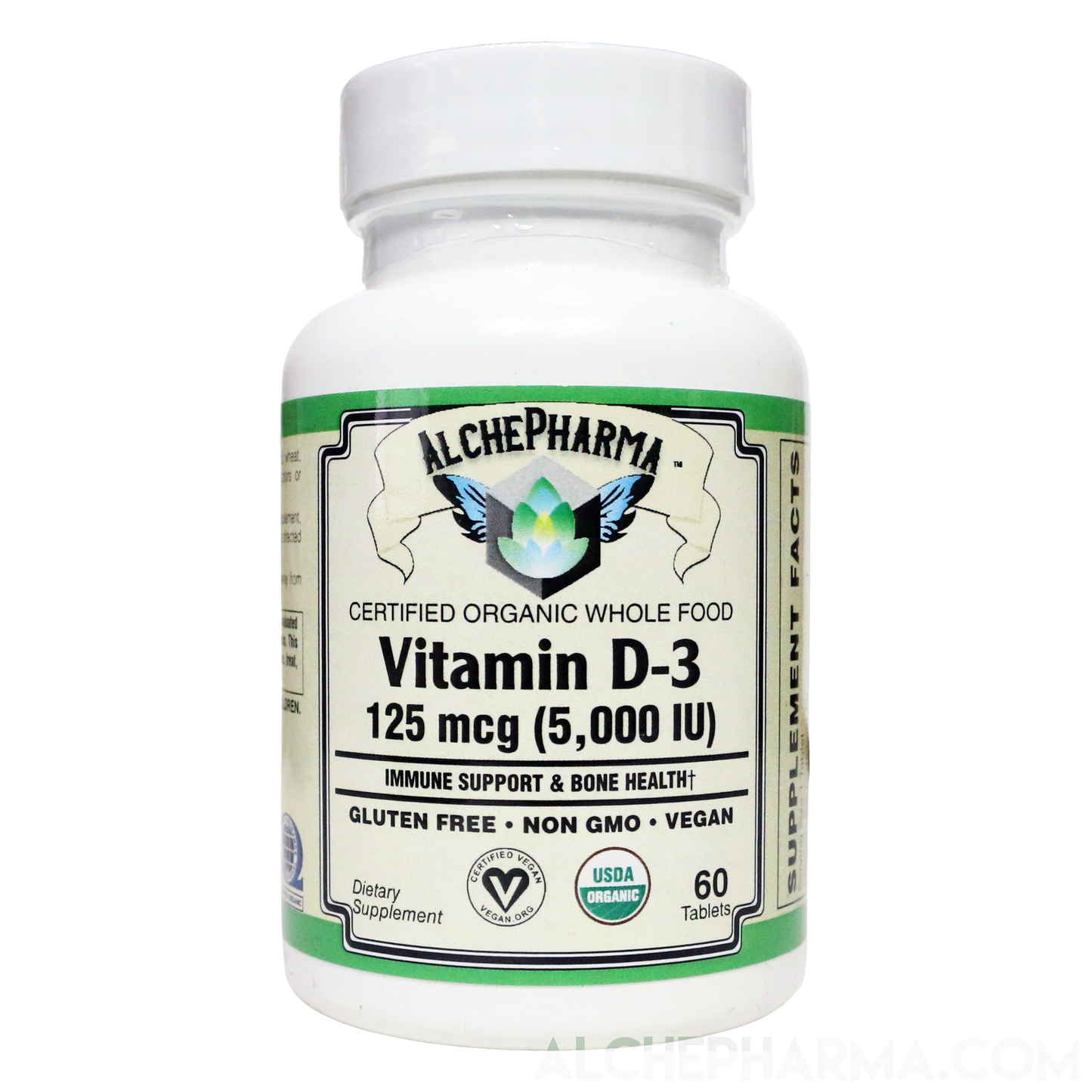 Vitamin D3 ( 5,000 IU - 125 mcg ) Whole Food Certified Organic, Chemically-identical to cholecalciferol of animal-origin - Vegan, Kosher, Halal-Vitamins & Supplements-AlchePharma