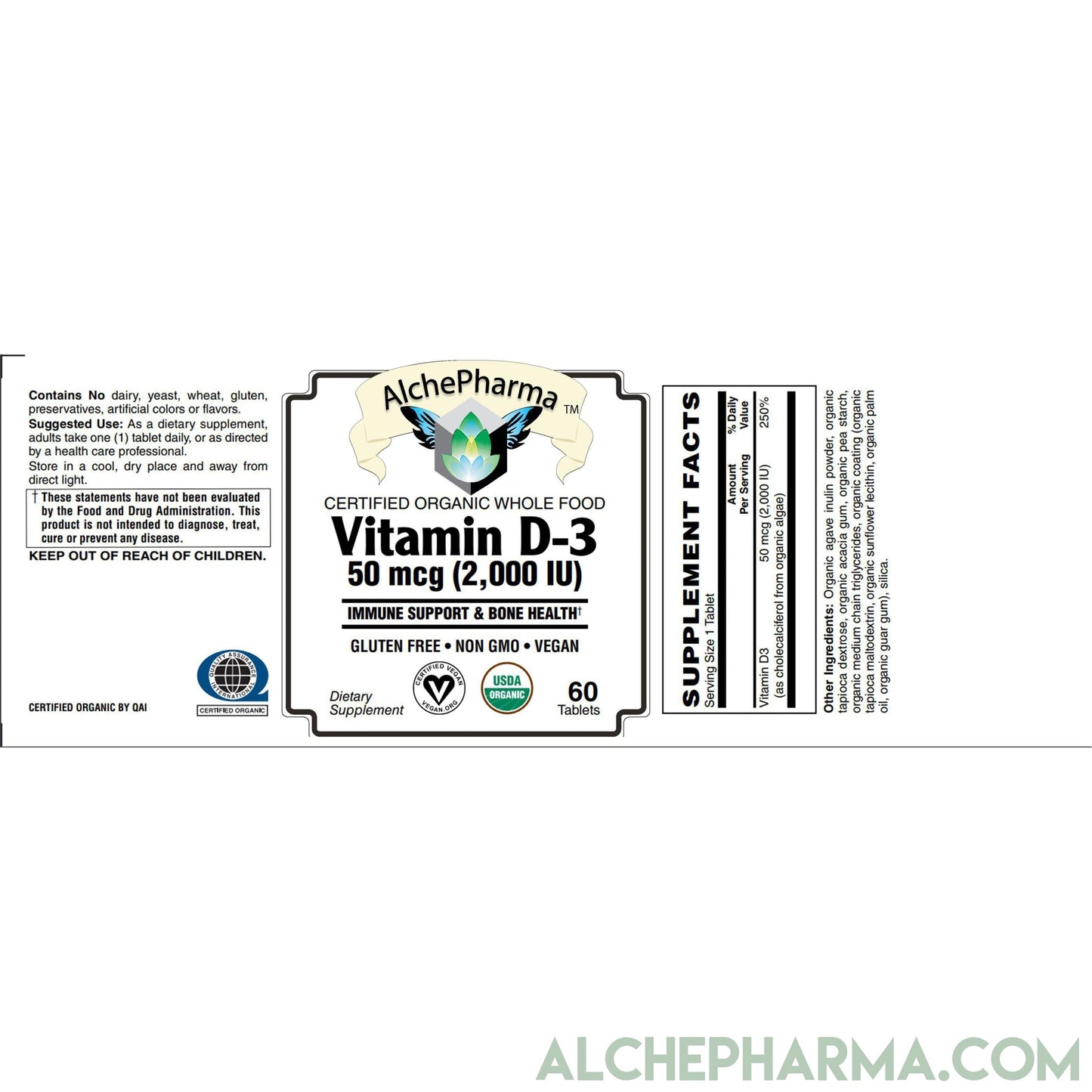 Vitamin D3 Certified ( 2,000 IU ) Organic from Algae, Chemically-identical to cholecalciferol of animal-origin - Vegan Society approved, Kosher, Halal certified-Vitamin-AlchePharma