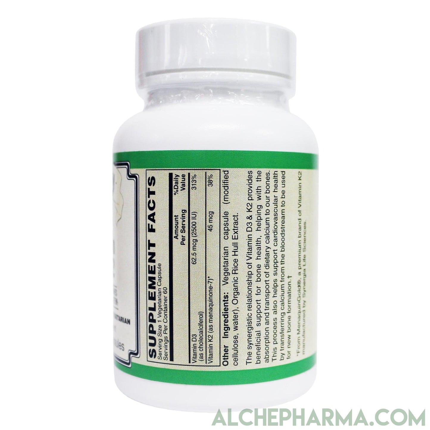 Vitamin D3+K2 (2,500IU+45mcg)-60 Vcaps-MenaquinGold™ (MK-7)-AlchePharma