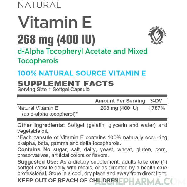 Vitamin E 268 mg (400 IU) 100% Natural Mixed Tocopherols D-Alpha form-AlchePharma
