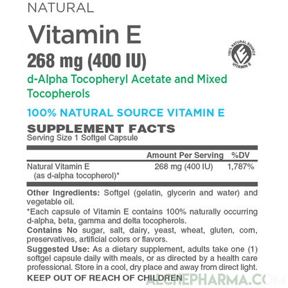 Vitamin E 268 mg (400 IU) 100% Natural Mixed Tocopherols D-Alpha form-AlchePharma