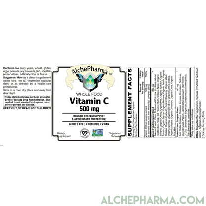 Whole Food Vitamin C ( Acerola Extract, Whole Food Blend ) 500mg = 2caps - Vegan-Anti-Oxidant-AlchePharma