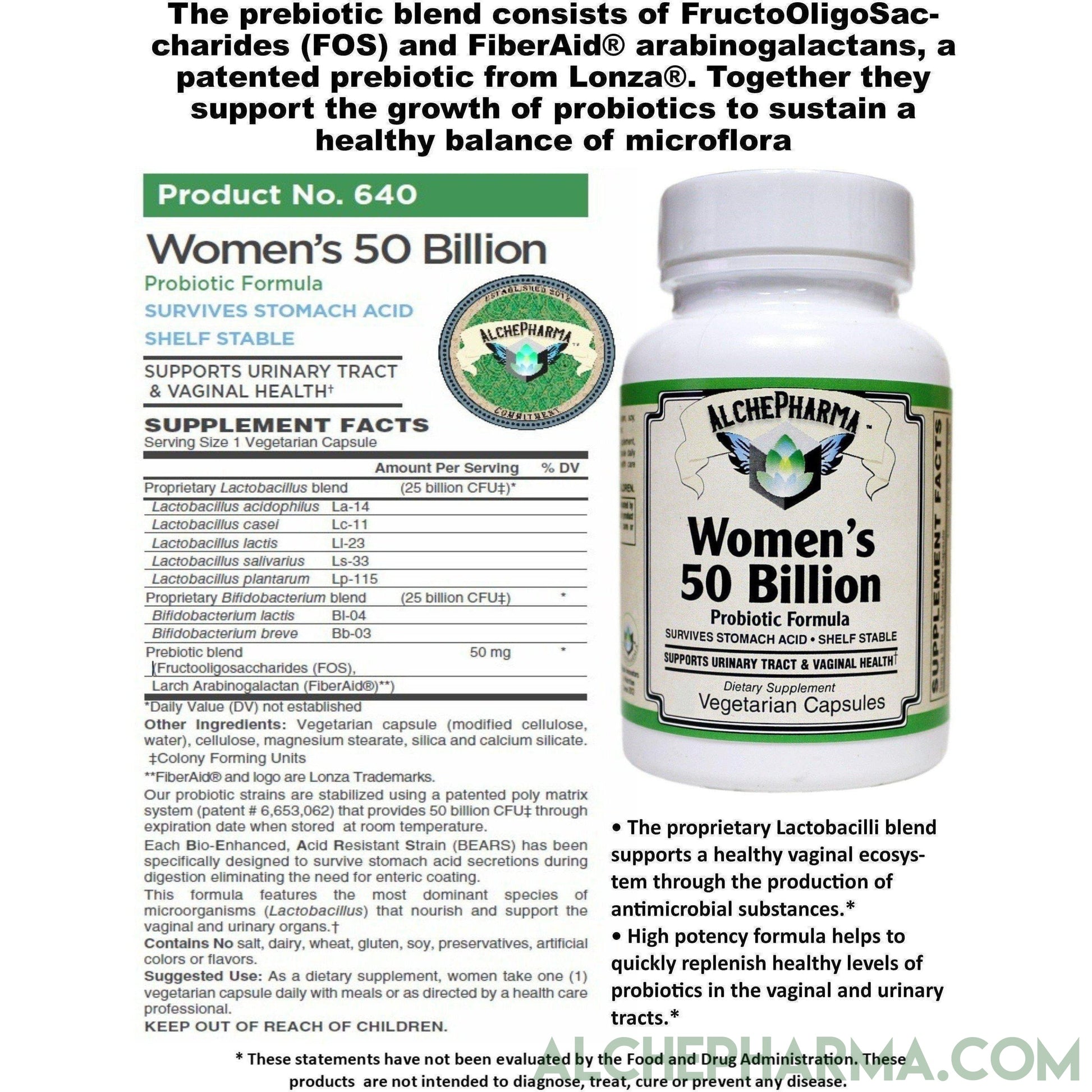Women’s Probiotic Formula 50 Billion proprietary Lactobacilli and Bifidobacterium blend-AlchePharma-30 Veg Caps-AlchePharma