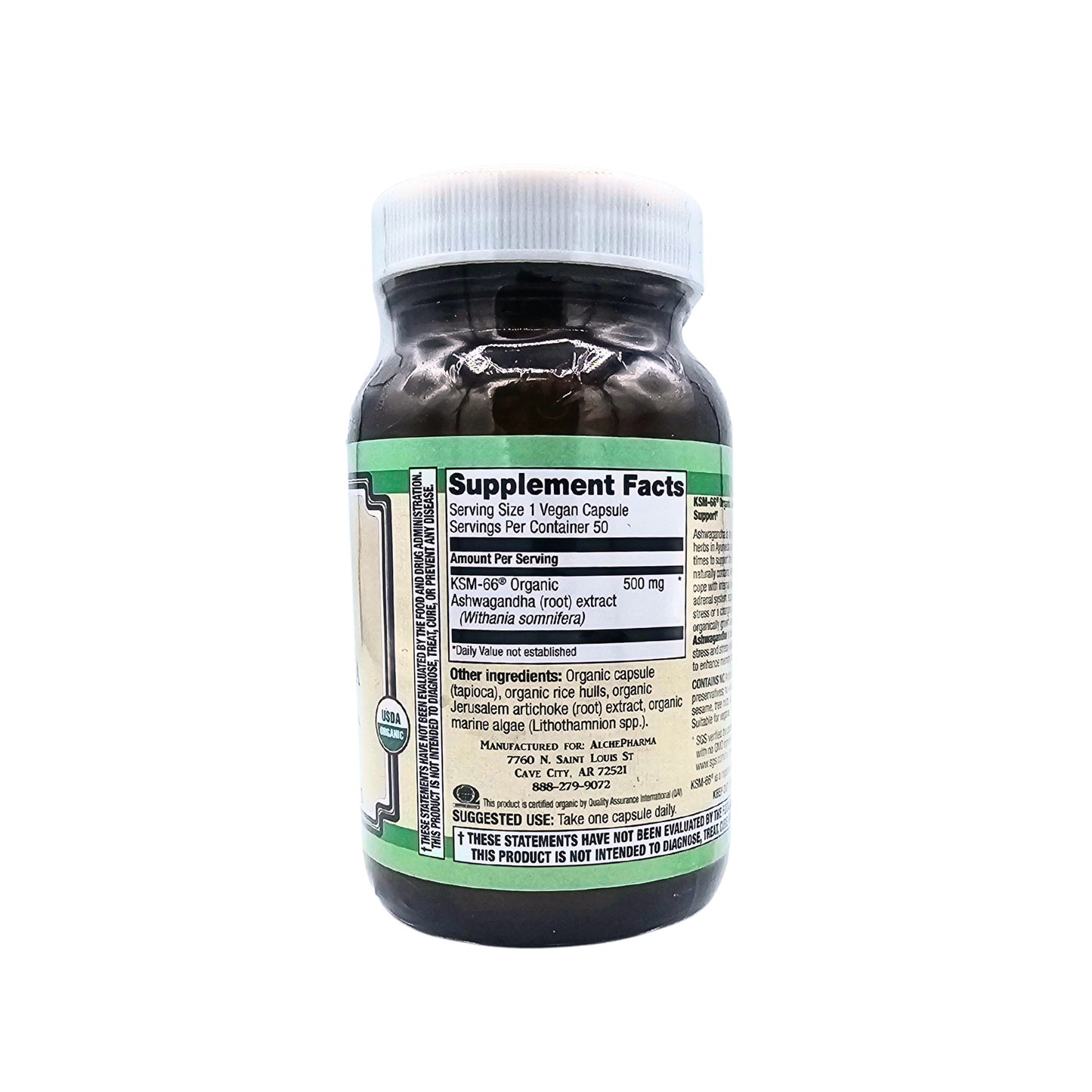 Ashwagandha - 500 Mg, Organic KSM-66 - 50 Capsules