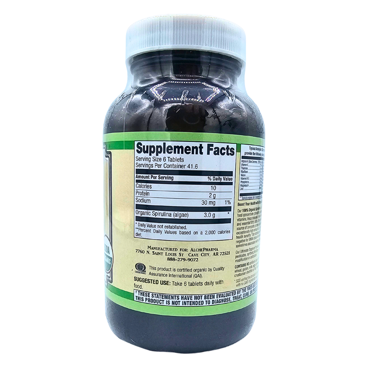 100% Organic Spirulina - Green Super Food - 250 Tablets