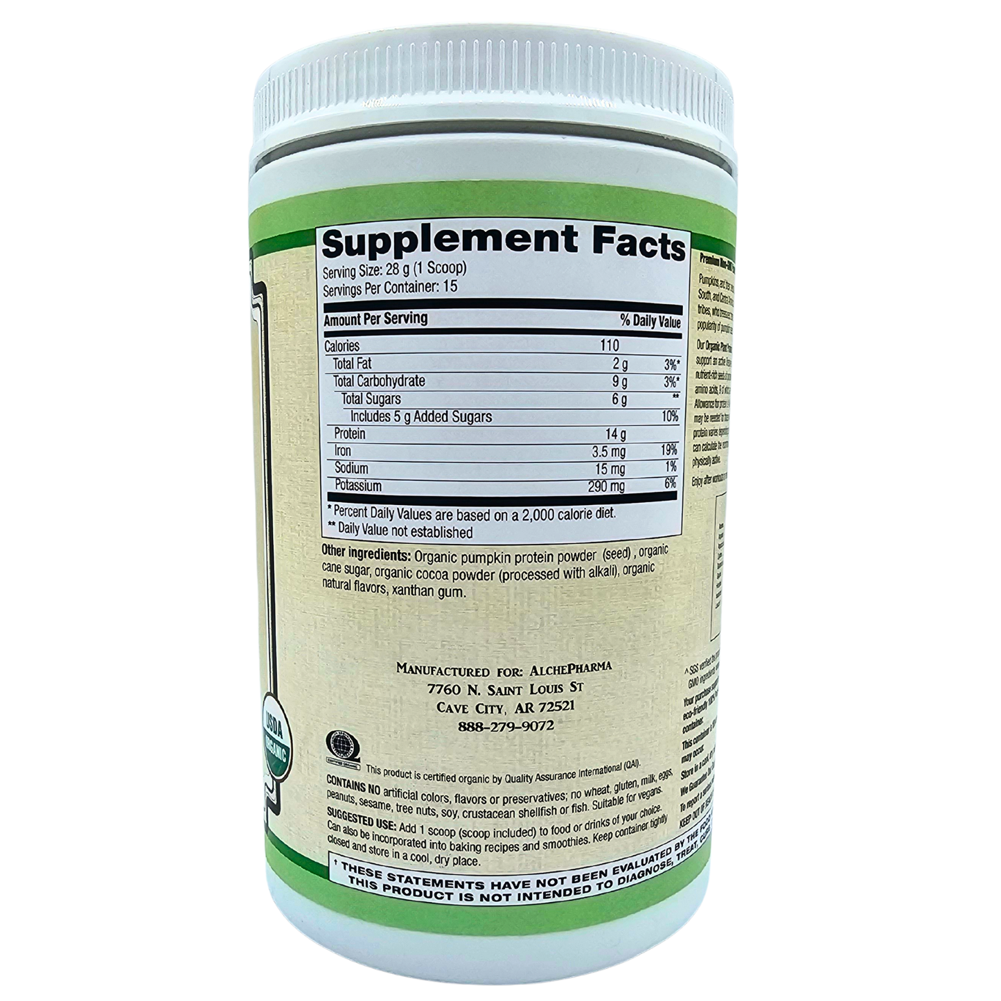 Plant Protein - Organic, Soy-Free, From Pumpkin Seeds, Creamy Chocolate - 14.8 Oz.