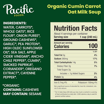 Pacific Foods Organic CUMIN CARROT OAT MILK Soup Plant Based Vegan 32Oz