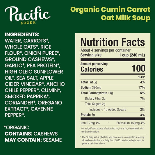 Pacific Foods Organic CUMIN CARROT OAT MILK Soup Plant Based Vegan 32Oz